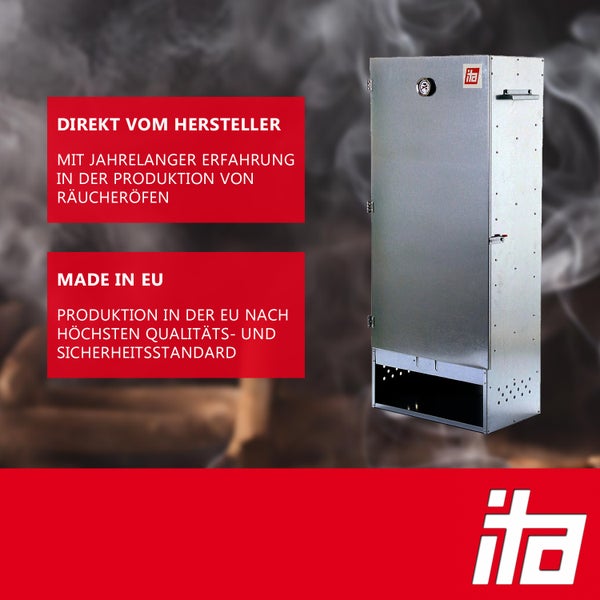 ITA Räucherofen aus Metall mit eingebautem Thermometer, hergestellt in der Europäischen Union, direkt vom Hersteller, ITA Logo.