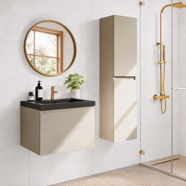 Modernes Badezimmer mit Waschtisch, Hochschrank, rundem Spiegel, Armaturen und Duschkabine vor gefliesten Wänden.