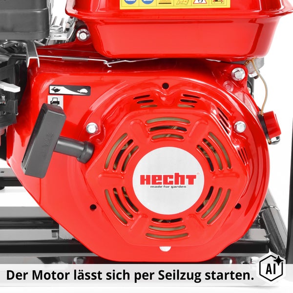 Detailansicht eines Hecht Verbrennungsmotors mit Seilzugstarter für Gartengeräte