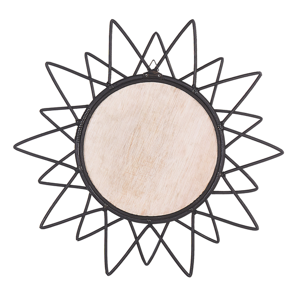 Dekospiegel mit Holzplatte und Metallgestell in Sonnenform