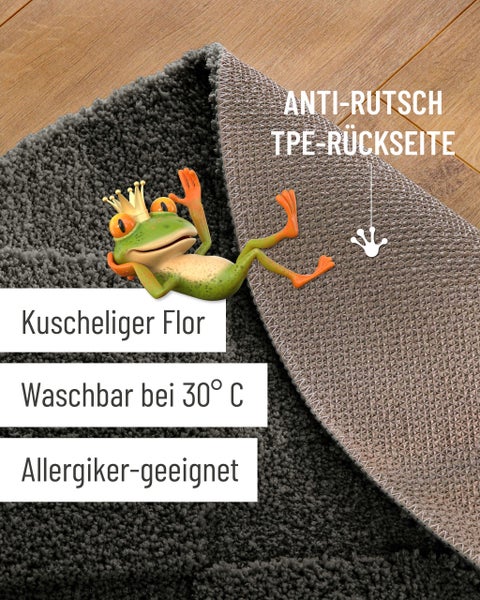 Runder anthrazitfarbener Badeteppich mit Hoch-Tief-Struktur in Stein-Optik auf Holzboden.