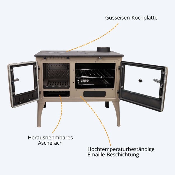 Küchenherd mit Gusseisen-Kochplatte, herausnehmbarem Aschefach und hochtemperaturbeständiger Emaille-Beschichtung.