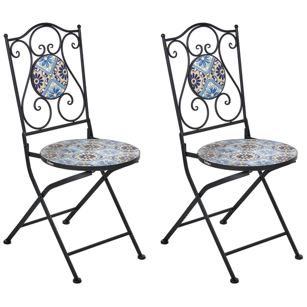 Zwei Gartenstühle aus Metall mit Fliesenmuster auf Sitzfläche und Rückenlehne
