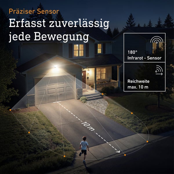 Haus mit LED Außenstrahler über der Garage, 180 Grad Infrarot-Sensor mit 10 Meter Reichweite erfasst Bewegungen in der Einfahrt.