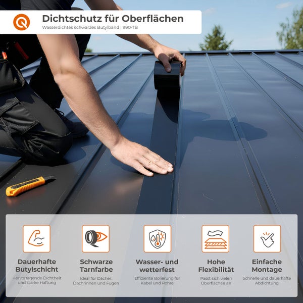 Anwendung von wasserdichtem, schwarzem Butylband auf einem Dach zur Oberflächenabdichtung.