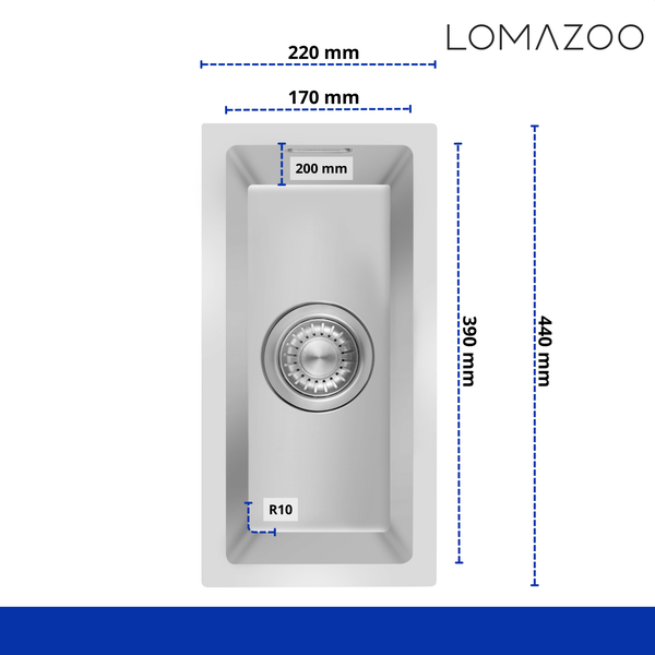 Technische Zeichnung mit Maßangaben für eine Lomazoo Edelstahl Einbauspüle mit Ablaufventil