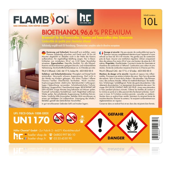 10 Liter Bioethanol 96,6 Prozent Premium Brennstoff für Kamine und Feuerstellen ohne Schornstein