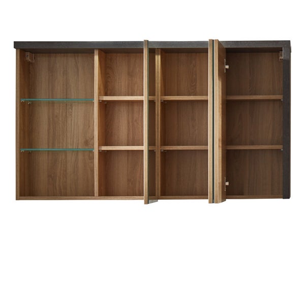 Bay Bad Spiegelschrank 3 Türen, 3 offene Fächer Eiche Dekor Honig, Beton Dekor. 123 X 18 X 71 cm