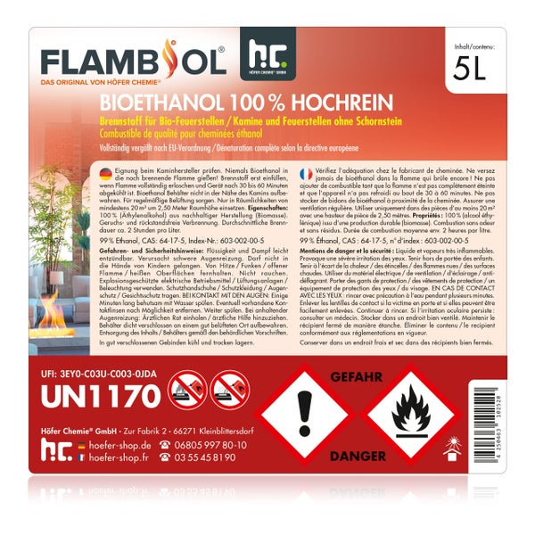 Etikett für 100 Prozent hochreines Bioethanol von Flambsol, geeignet für Bio-Feuerstellen, Kamine und Feuerstellen ohne Schornstein, mit Gefahrenhinweisen und Sicherheitshinweisen