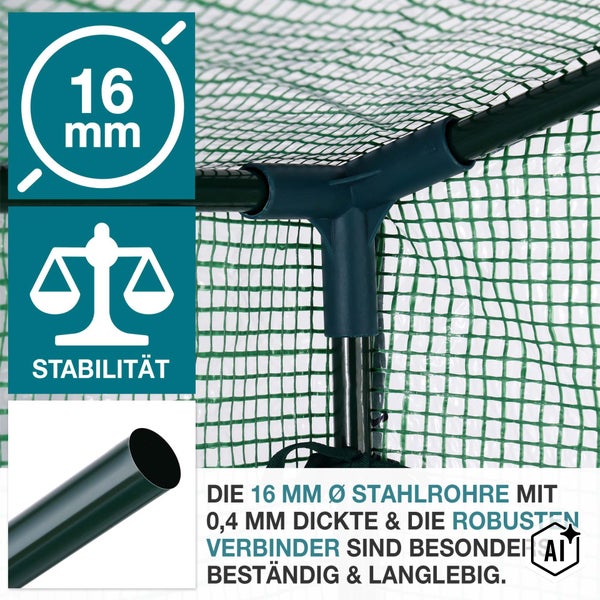Stahlrohrgestell für Gewächshaus mit 16 Millimeter Durchmesser und 0,4 Millimeter Wandstärke inklusive stabiler Steckverbindungen.