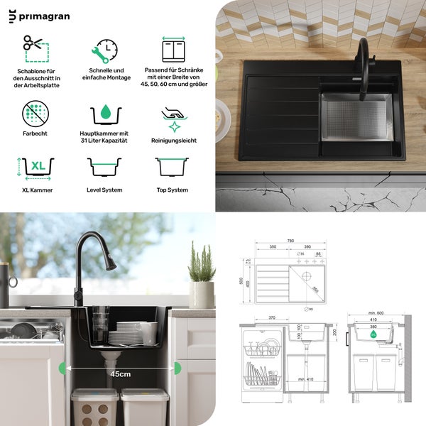 PRIMAGRAN Spülbecken Schwarz 78x50cm, Granitspüle 1 Becken + Ablauf-Set + Küchenzubehörset, Küchenspüle ab 45er Unterschrank - Sydney