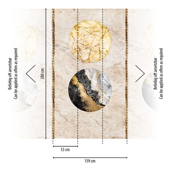 Vliestapete in Marmor-Optik mit zwei Kreisen, Höhe 280 Zentimeter, Breite pro Bahn 53 Zentimeter, beliebig oft ansetzbar.