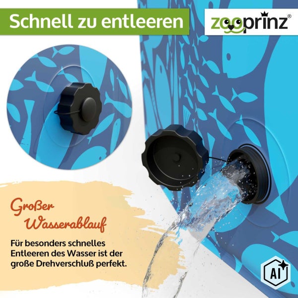 Zooprinz Hundepool mit großem Wasserablauf und Drehverschluss zum schnellen Entleeren des Wassers.