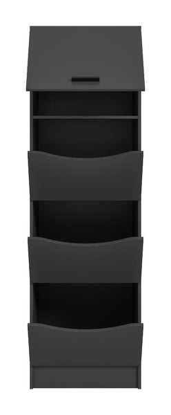 Hoher schmaler Schuhschrank in Anthrazit mit einem Türfach, einem offenen Fach und drei geschwungenen Schuhfächern.
