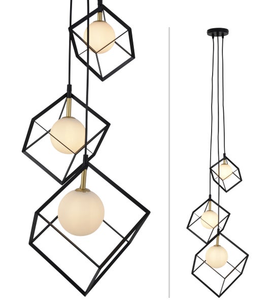 Pendelleuchte mit drei kugelförmigen Lampen und geometrischen Metallrahmen