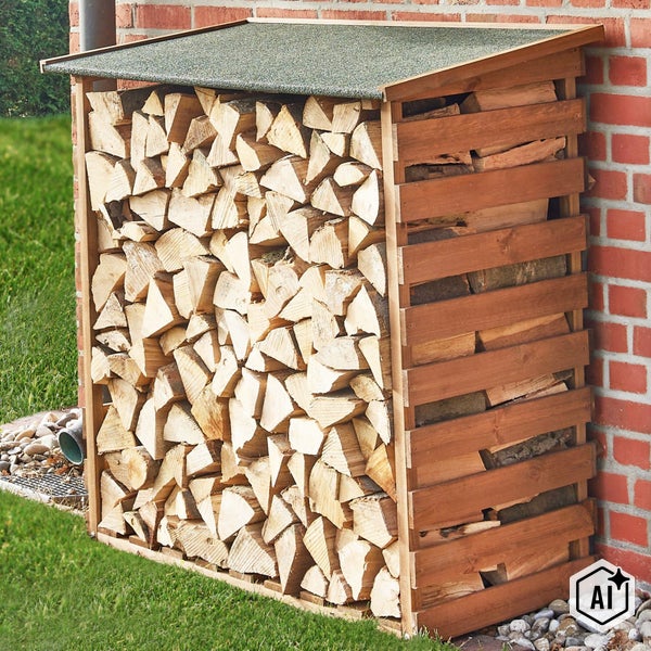 Kaminholzregal aus Holz für den Außenbereich mit Dach zur Lagerung von Brennholz, stehend an einer Ziegelmauer.