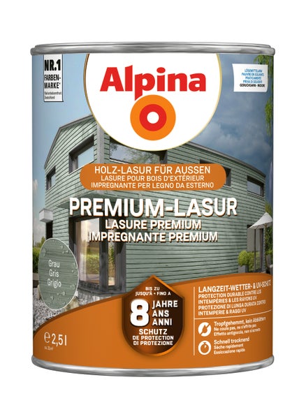 Alpina Premium Lasur für Holz im Außenbereich, 2,5 Liter Dose in der Farbe Grau für Langzeit-Wetter- und UV-Schutz.