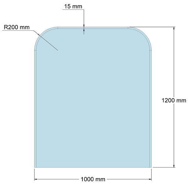 Technische Zeichnung einer Platte mit abgerundeten Ecken. Maße: 1200 Millimeter mal 1000 Millimeter, Radius 200 Millimeter, Dicke 15 Millimeter.