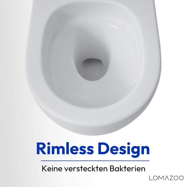 Keramik WC Becken mit spülrandlosem Design von Lomazoo für hygienische Reinigung.