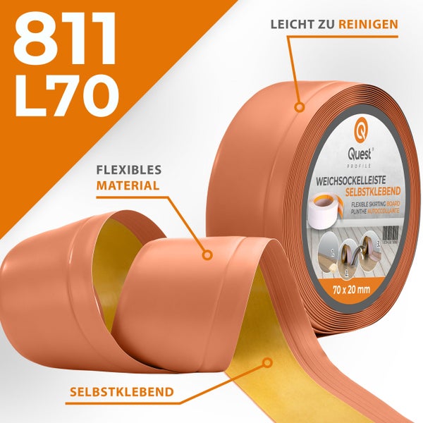 Quest Weichsockelleiste, Breite Sockelleiste 70 x 20 mm, PVC Knickleiste für Wand, Boden, Flexibel, Ziegelfarbe, 10 Meter