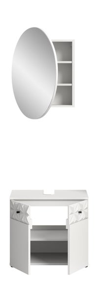 Weißes Badezimmerset mit rundem Spiegelschrank und Waschtischunterschrank, Türen mit geometrischem Reliefmuster und schwarzen Griffen.