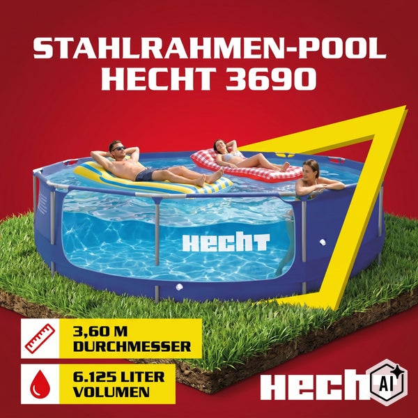 Stahlrahmenpool Hecht 3690 mit 3,60 Meter Durchmesser und 6.125 Liter Volumen, stehend auf Gras mit Personen auf Luftmatratzen.