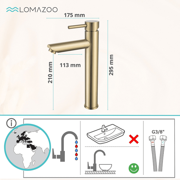 Lomazoo Waschtischarmatur mit Maßen für Aufsatzwaschbecken und G3/8 Zoll Anschlussschläuchen