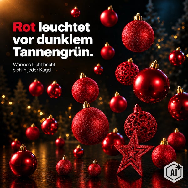Set aus Christbaumkugeln mit glänzenden und strukturierten Oberflächen vor dunklem Tannenmotiv