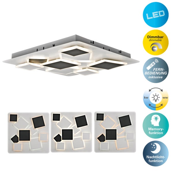 LED Deckenleuchte mit quadratischen Elementen und Funktionen wie Dimmbarkeit, Fernbedienung, Farbtemperaturregelung, Memory-Funktion und Nachtlichtfunktion.