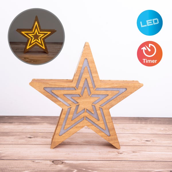 Dekorative Holzsternlampe mit LED-Beleuchtung und Timerfunktion