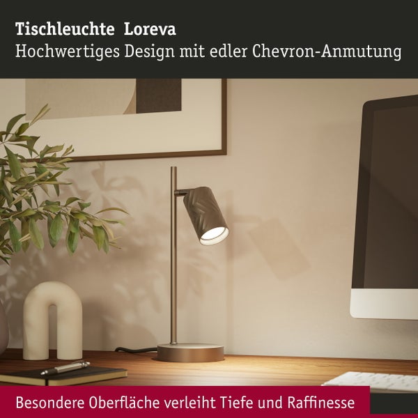 Tischleuchte Loreva mit drehbarem Leuchtenkopf und wechselbarem Leuchtmittel für GU10 Fassung.