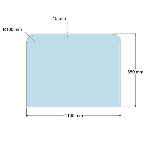 Maßzeichnung einer Glasplatte, Breite 1100 Millimeter, Höhe 850 Millimeter, Dicke 15 Millimeter, mit abgerundeten Ecken Radius 100 Millimeter.