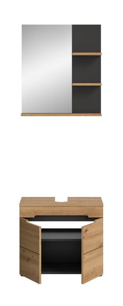 Badmöbel-Set aus Spiegel mit Holzregalen und Waschbeckenunterschrank in Eiche-Optik und Anthrazit.
