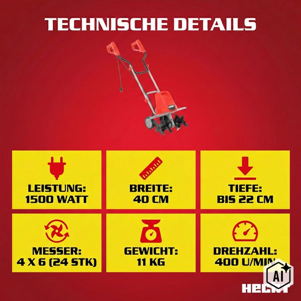 Technische Übersicht der Hecht Elektro Gartenfräse mit 1500 Watt Leistung, 40 Zentimeter Arbeitsbreite und 22 Zentimeter Arbeitstiefe.