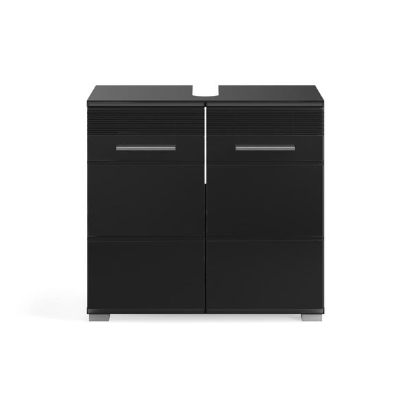 Waschbeckenunterschrank in Schwarz mit zwei Türen, silberfarbenen Griffen und Siphonausschnitt.