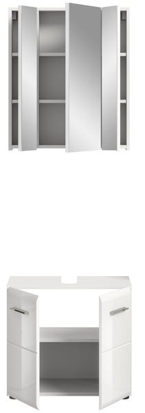 Badezimmermöbel-Set bestehend aus einem dreitürigen Spiegelschrank und einem weißen Waschbeckenunterschrank mit zwei Türen und Griffen.