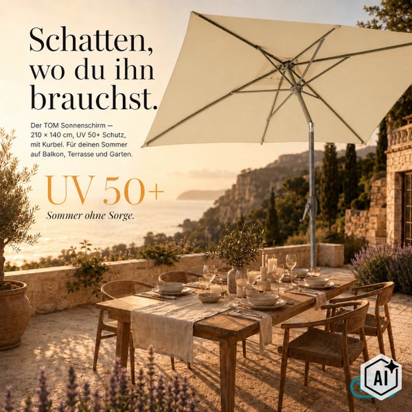 Rechteckiger TOM Sonnenschirm mit Kurbel in der Größe 210 mal 140 Zentimeter mit UV 50 plus Schutz auf einer gedeckten Terrasse am Meer.
