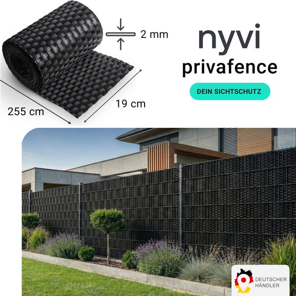 Nyvi Privafence Sichtschutzstreifen für Doppelstabmattenzäune, 19 cm Breite und 255 cm Länge, 2 mm Stärke, als Rolle zur Zaunblende.