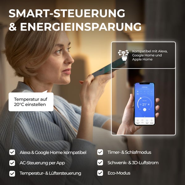 Smarte Klimaanlagen-Steuerung per App und Sprachbefehl. Kompatibel mit Alexa, Google Home und Apple Home. Inklusive Eco-Modus und Timer.