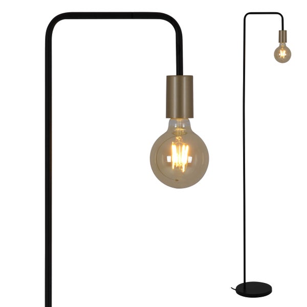 Dekoratives Zimmer mit Fahrrad, Stehlampe und Blumenbild an der Wand.