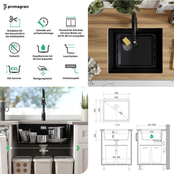 PRIMAGRAN Unterbauspüle Granit Alles Schwarz 56x47cm, Spülbecken 1 Becken + Ablauf-Set + Aufrollbare Abtropffläche, Granitspüle ab 60er Unterschrank - Praga