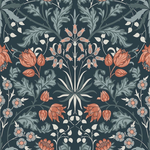 ESTAhome Tapete Blumenmuster im Jugendstil Dunkelblau und Terrakotta - 50 x 900 cm - 131182