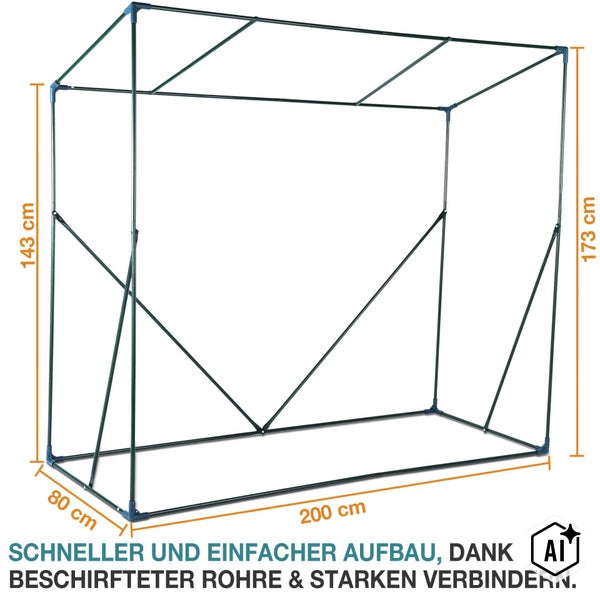 Metallgestell für ein Foliengewächshaus mit Maßen 200 mal 80 mal 173 Zentimeter und einfacher Steckmontage.