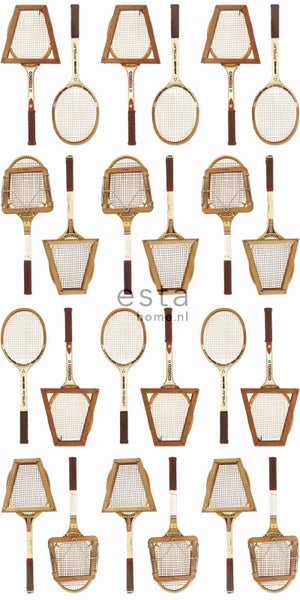 ESTAhome XXL-Vliestapete Vintage-Tennisschläger Weiß, Braun und Beige - 50 x 900 cm - 158801
