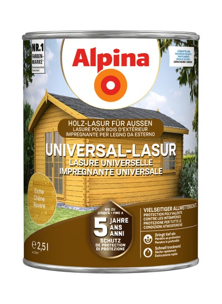 Alpina Universal Lasur Eiche Holzlasur für Außen 2,5 Liter Gebinde für Witterungsschutz von Holz im Garten.
