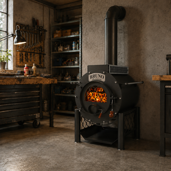 Bruno Romantik Kaminofen in einer industriellen Werkstattumgebung mit brennendem Feuer im Ofenraum und angeschlossenem Abgasrohr.