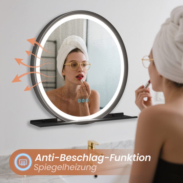 Runder Badezimmerspiegel mit LED Beleuchtung, Ablage und Anti Beschlag Funktion durch integrierte Spiegelheizung.
