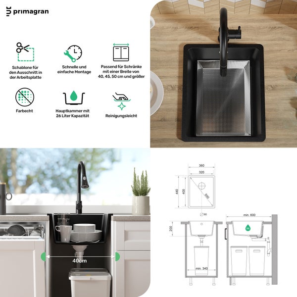 Spültisch mit Zubehör und schematischer Zeichnung