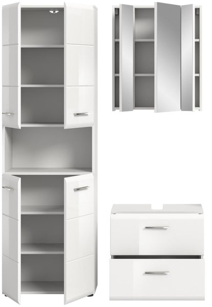 Badmöbel-Set bestehend aus Hochschrank mit Regalböden, Spiegelschrank mit drei Türen und Waschbeckenunterschrank mit zwei Schubladen.