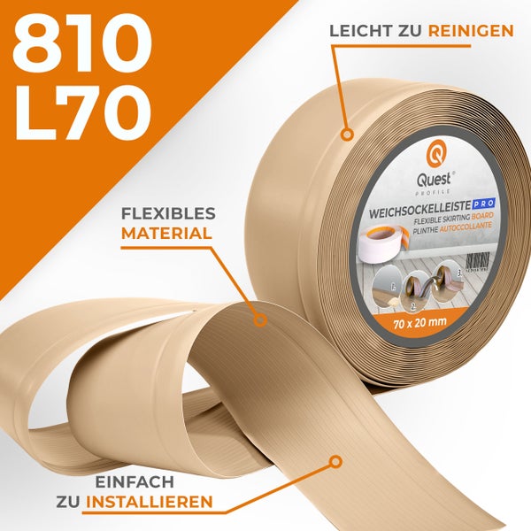 Quest Weichsockelleiste, Breite Sockelleiste 70 x 20 mm, PVC Knickleiste für Wand, Boden, Flexibel, Sandfarbe, 1 Meter